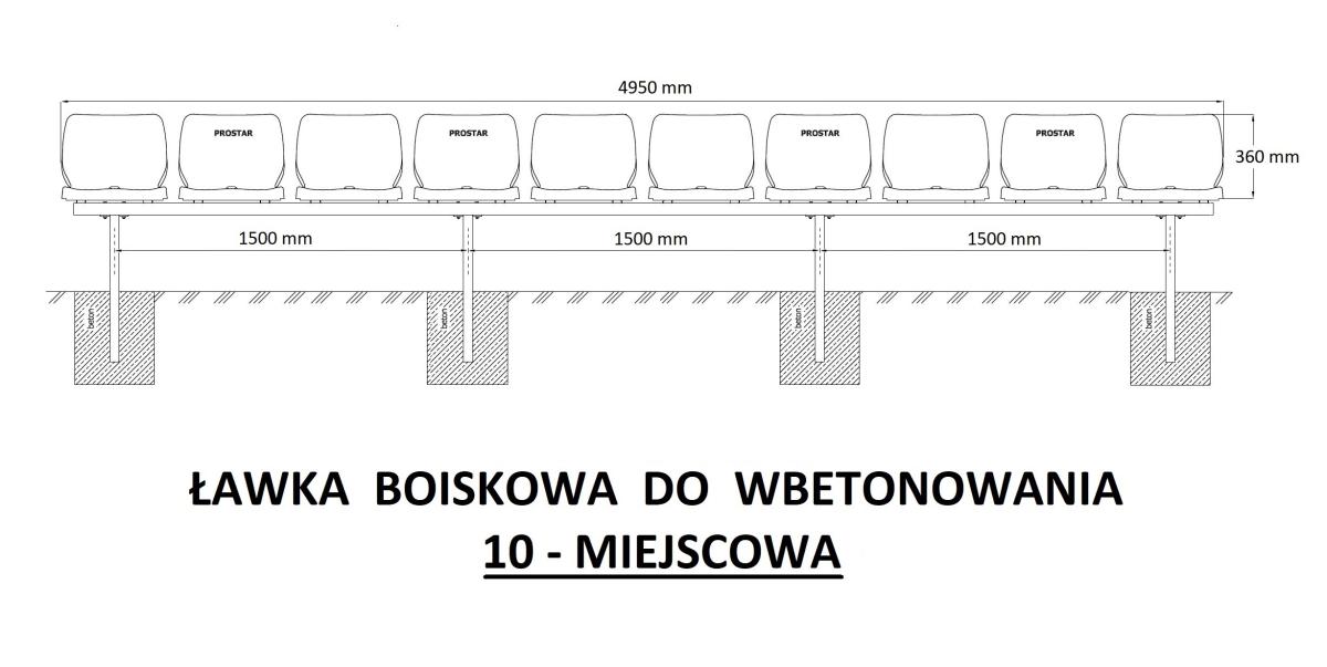 Ławka boiskowa do wbetonowania - 10 miejsc - prostar